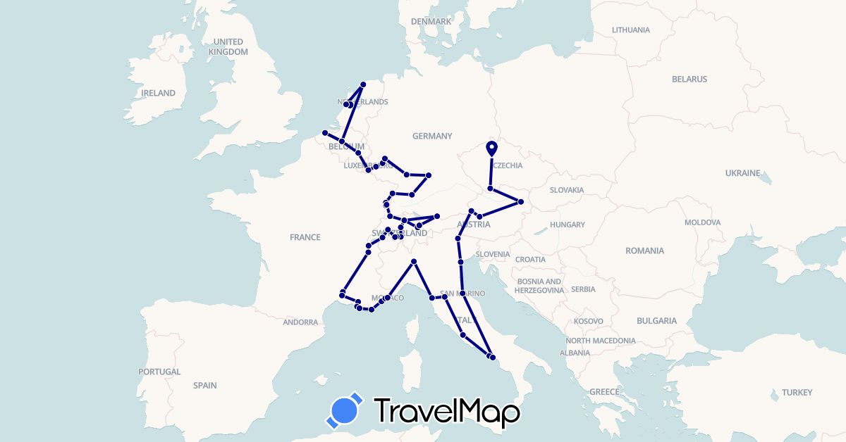 TravelMap itinerary: driving in Austria, Belgium, Switzerland, Czech Republic, Germany, France, Italy, Liechtenstein, Luxembourg, Monaco, Netherlands, San Marino (Europe)